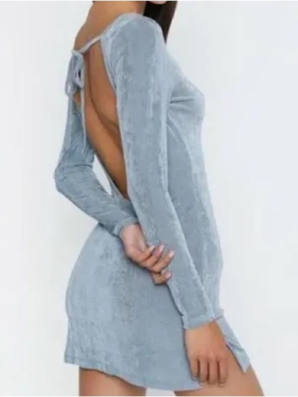 Lioness revolve fitted mini dress open back long sleeve shimmery blue gray xxs - Picture 9 of 9